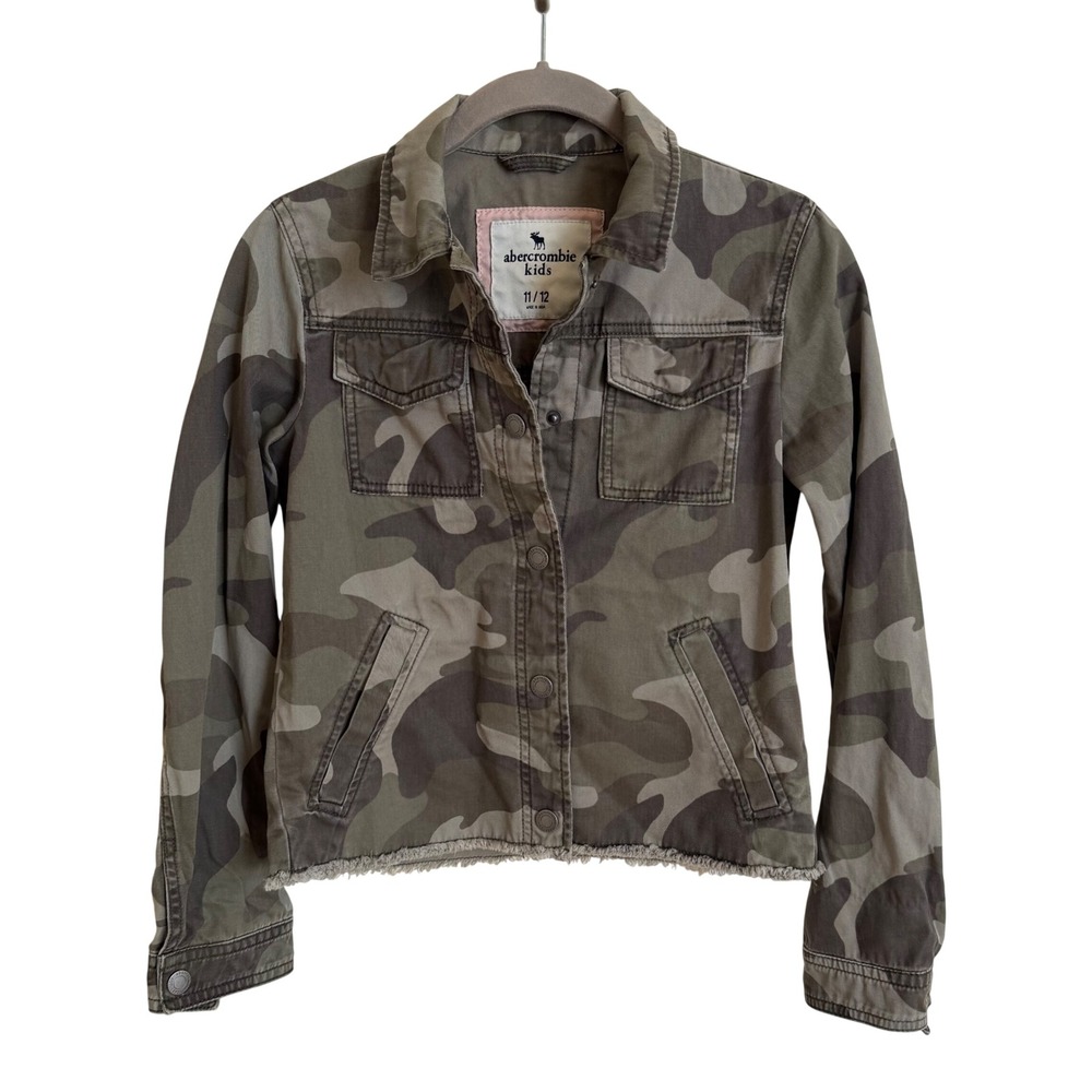 Abercrombie Kids Camo Utility‎ Jacket Girls 11/12 Frayed Hem Cotton Camouflage